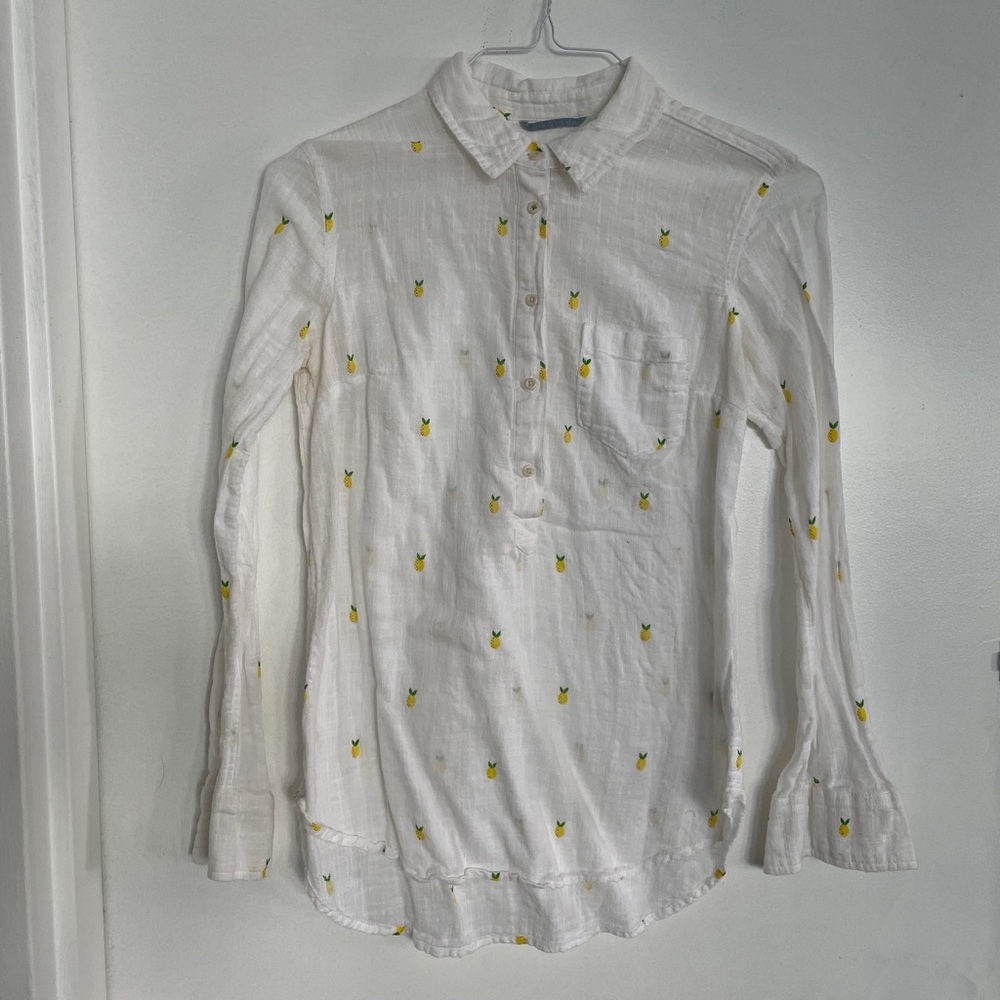 Merona Women’s White Lemon Print 100% Cotton Long Sleeve Lightweight Blouse Top